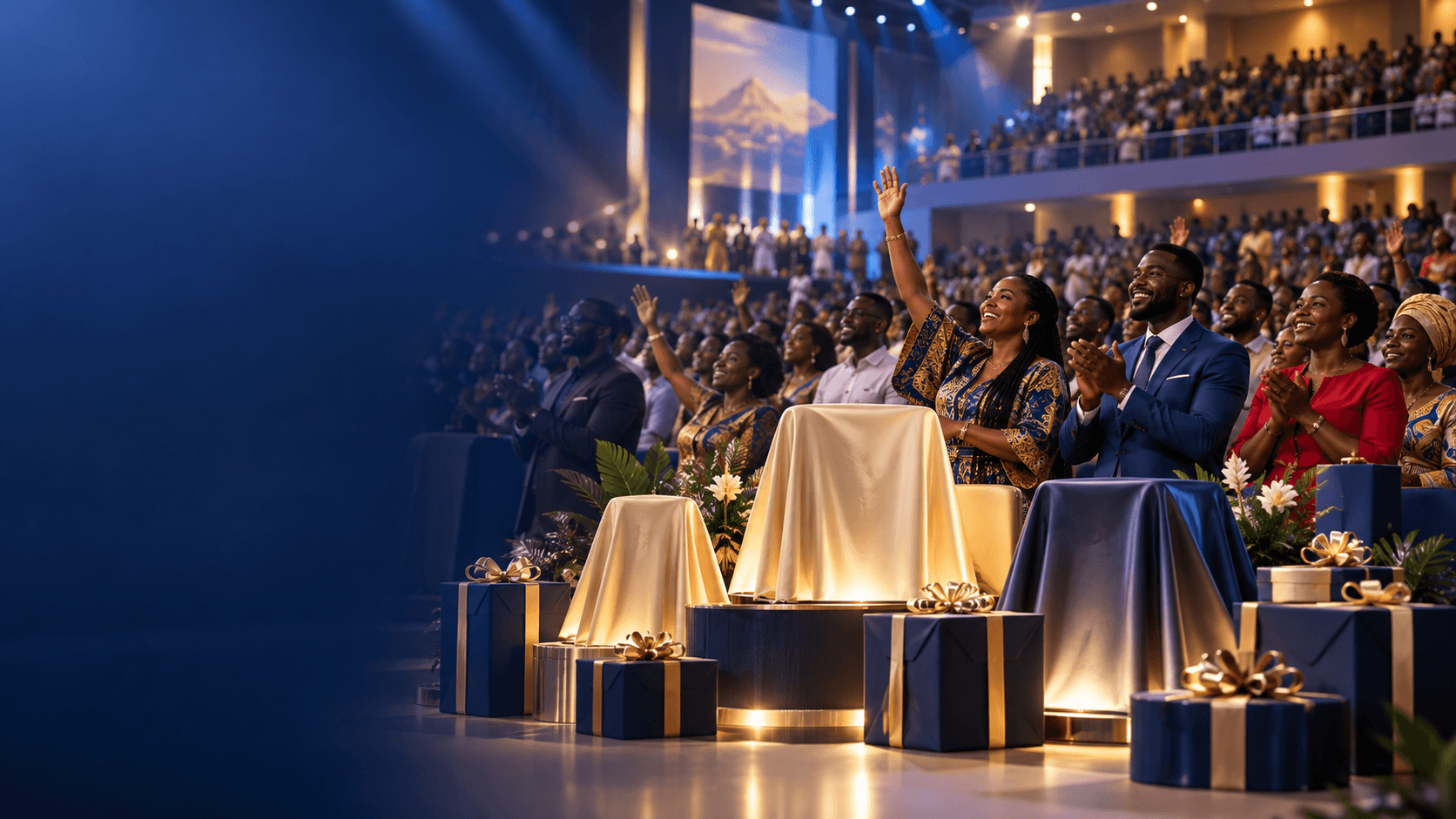 Congress audience beside covered prize displays