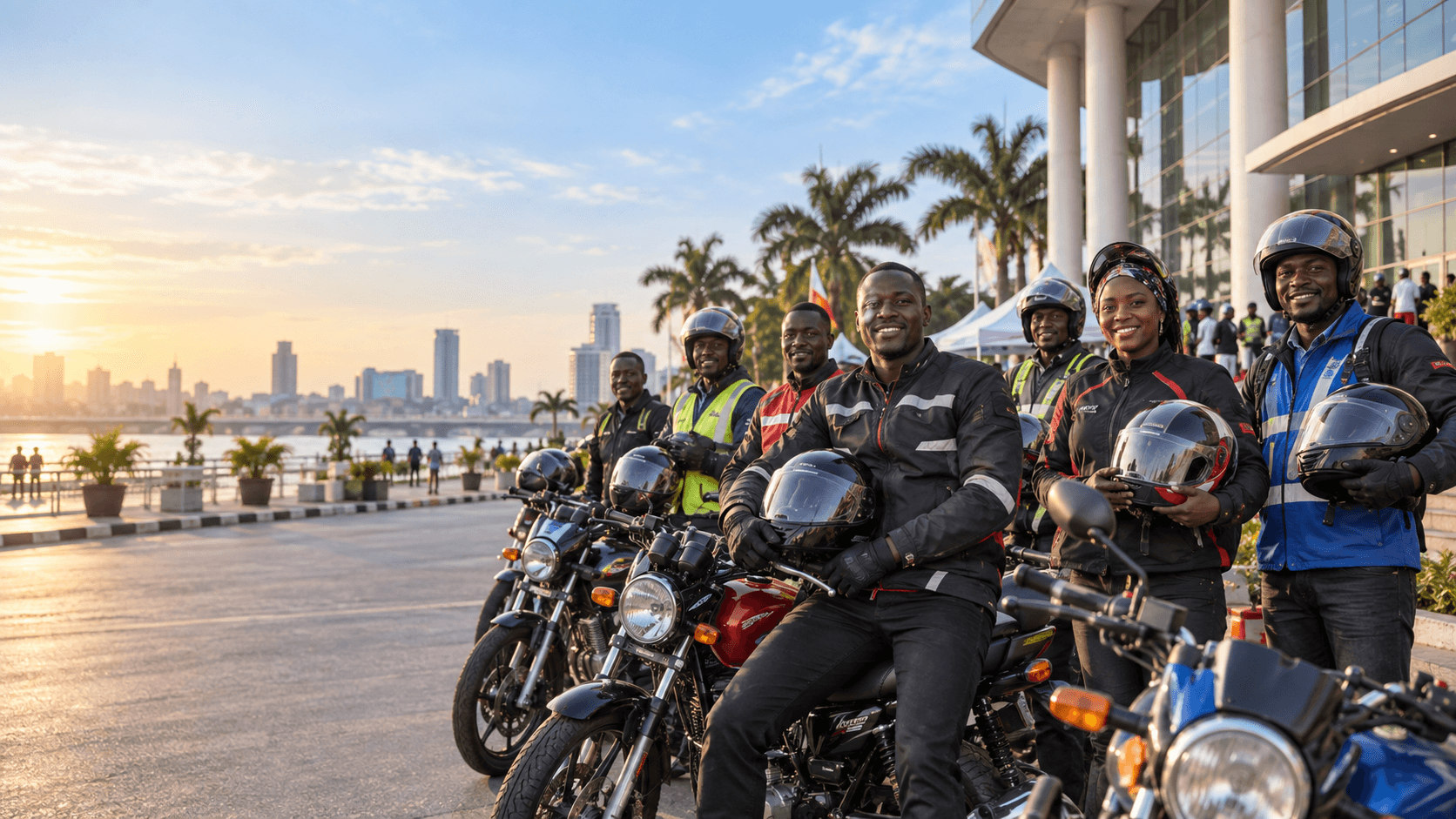 Cameroonian motorcycle riders with protective helmets